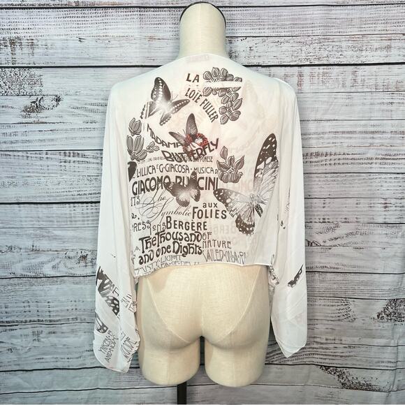 Y2K Forever 21 Cold Shoulder Open Sleeve Chiffon Crop Top Medium Artsy Collage - Picture 2 of 10